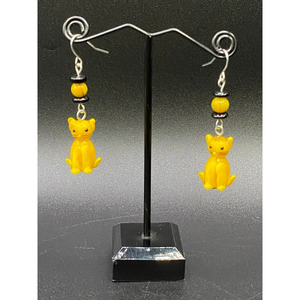 Handmade Yellow Glass Cat with Black & Yellow Glass Bead Earrings by Neanie-Bot - Picture 2 of 3